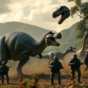 Dinosaur action scene set in a Vietnam War-era environment.