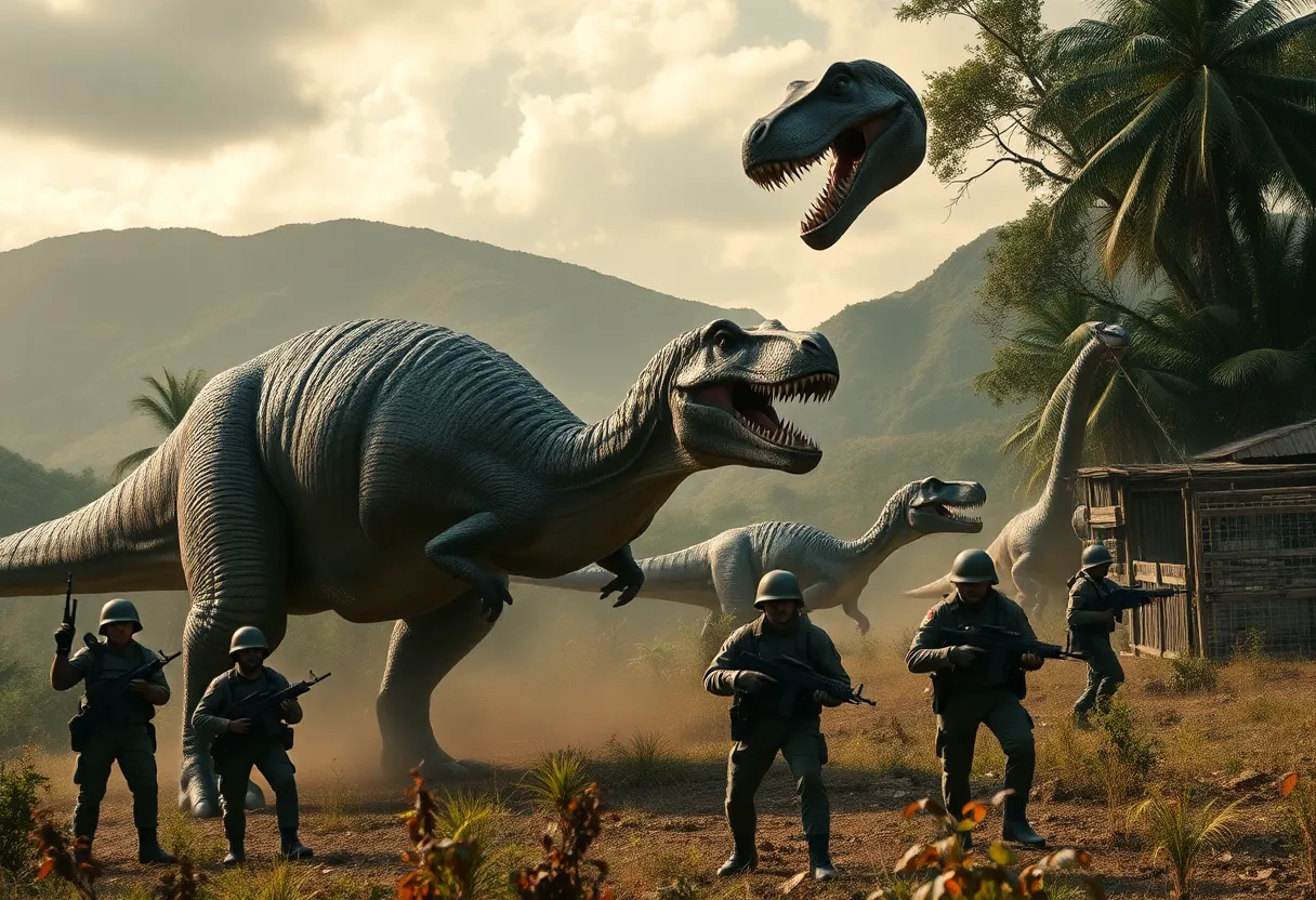Dinosaur action scene set in a Vietnam War-era environment.