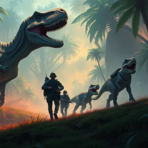 King Kong fighting a dinosaur in a jungle