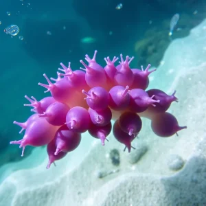 Cluster of purple sea snails floating in the ocean.