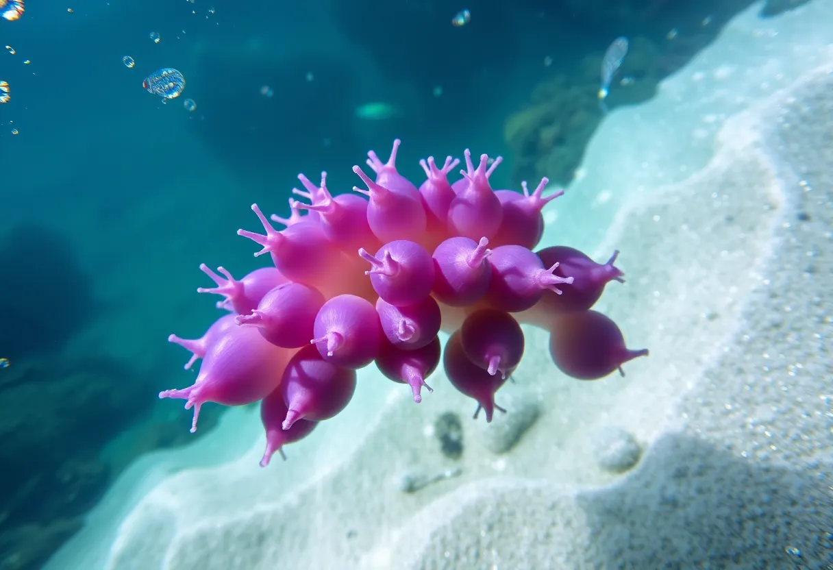 Cluster of purple sea snails floating in the ocean.