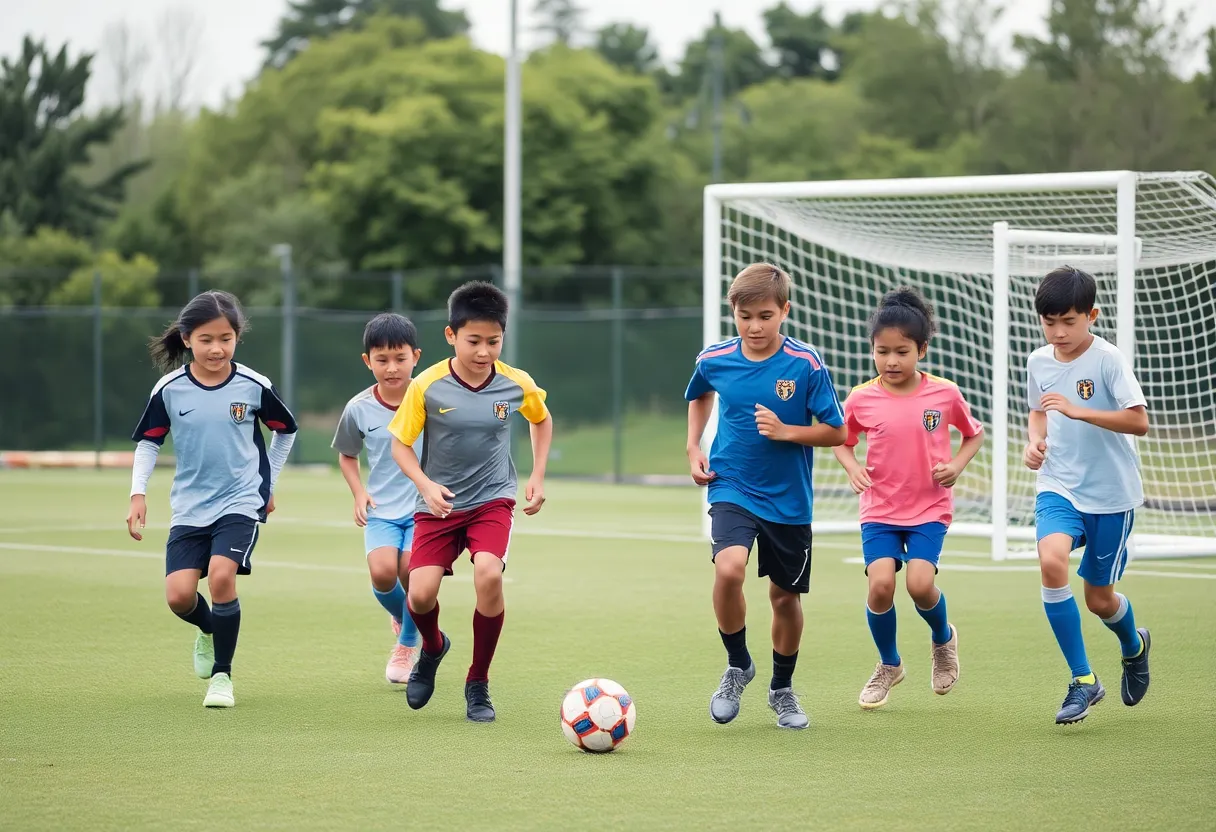 Football practice with young athletes showcasing teamwork and skill