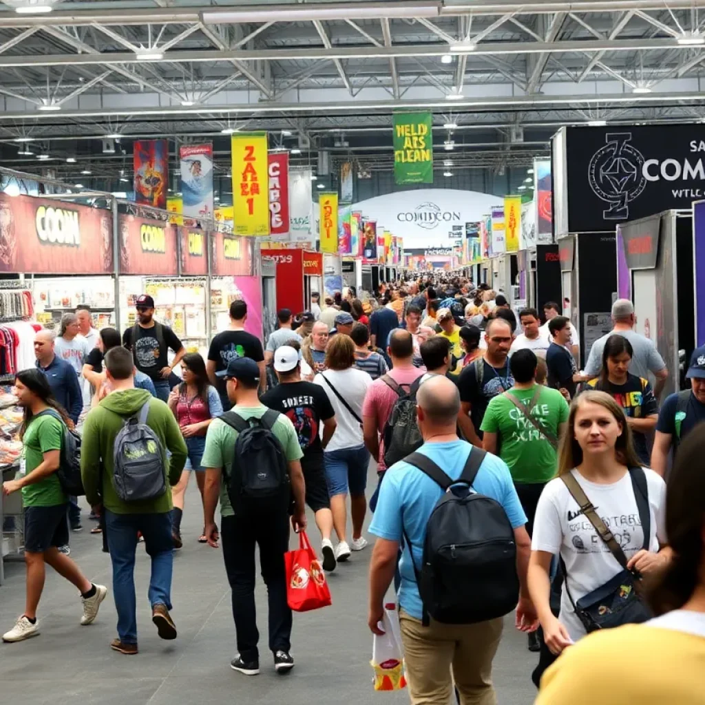 Vibrant scene of RSVLTS booths at Comic-Con with fans exploring merchandise.