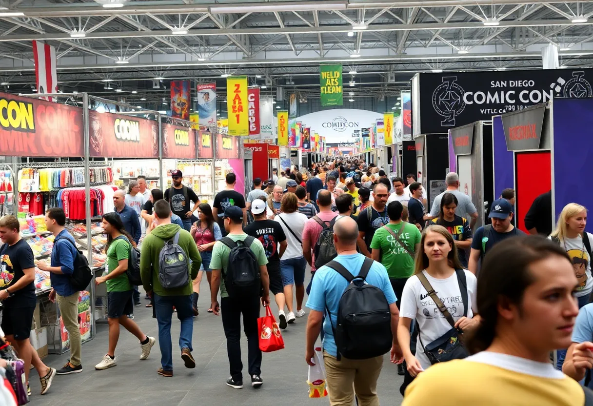 Vibrant scene of RSVLTS booths at Comic-Con with fans exploring merchandise.