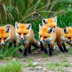 Four rare Russian baby foxes in their new habitat in San Diego County.
