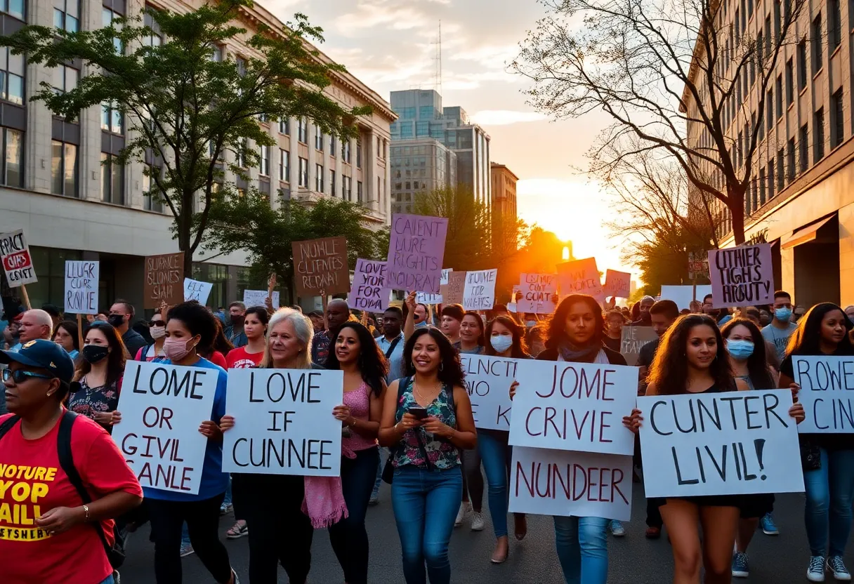 Protesters at the San Diego civil rights rally holding signs