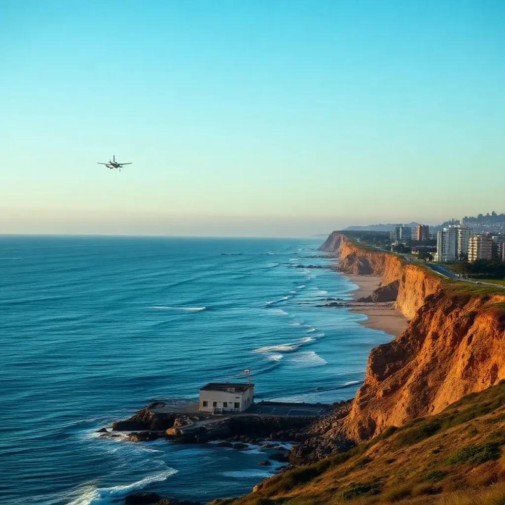 Coastal view of San Diego with ocean and silhouette of a light aircraft