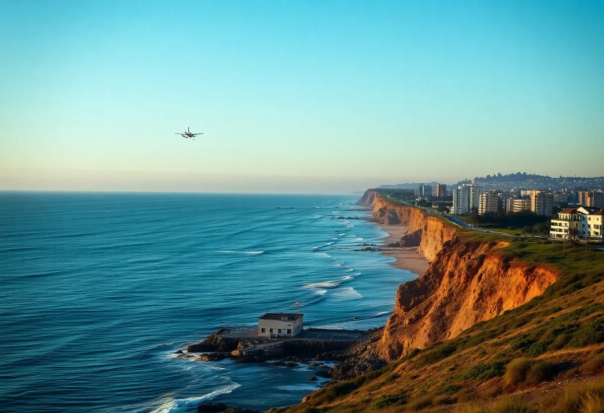 Coastal view of San Diego with ocean and silhouette of a light aircraft