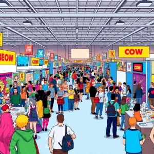 A colorful scene at San Diego Comic-Con featuring fans in costumes and comic book booths.