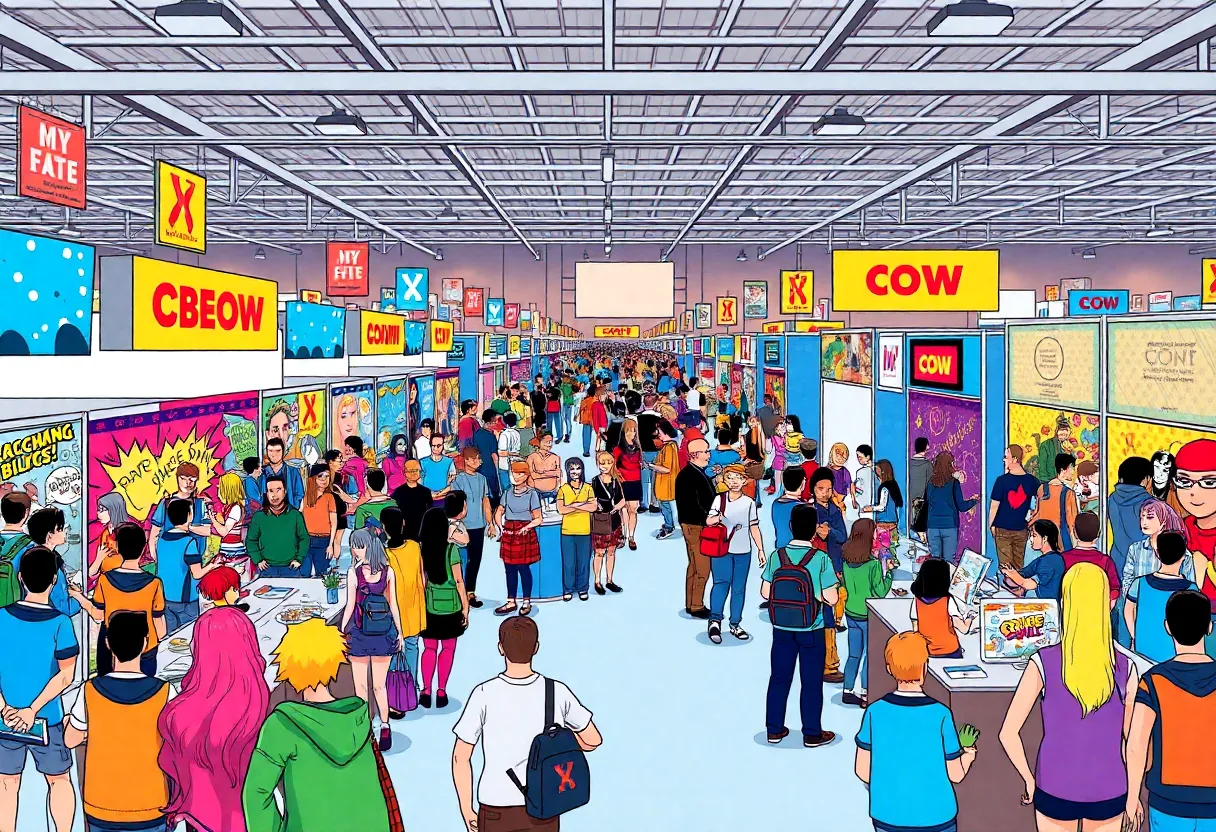 A colorful scene at San Diego Comic-Con featuring fans in costumes and comic book booths.