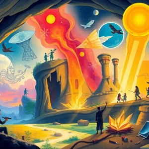 A colorful depiction of storytelling through art across different eras.