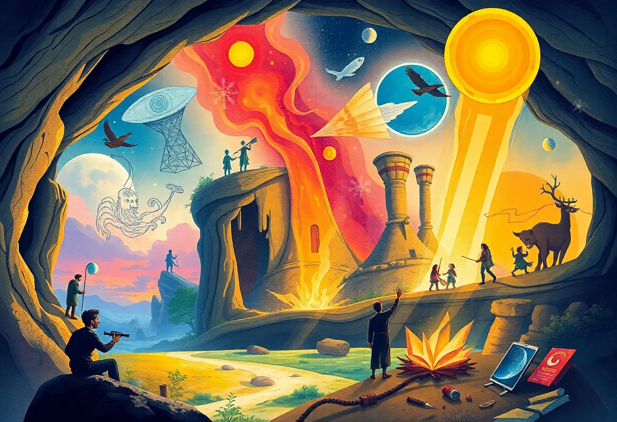 A colorful depiction of storytelling through art across different eras.