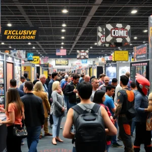 A bustling booth at San Diego Comic-Con featuring exclusive merchandise.