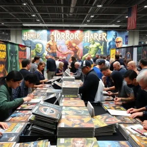 Midnight Factory's booth at San Diego Comic-Con showcasing horror and sci-fi comics