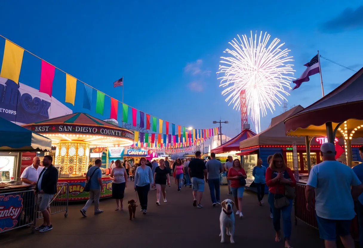 Families enjoying the San Diego County Fair with pets and rides