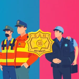 Illustration of public safety personnel balancing work and retirement in San Diego.