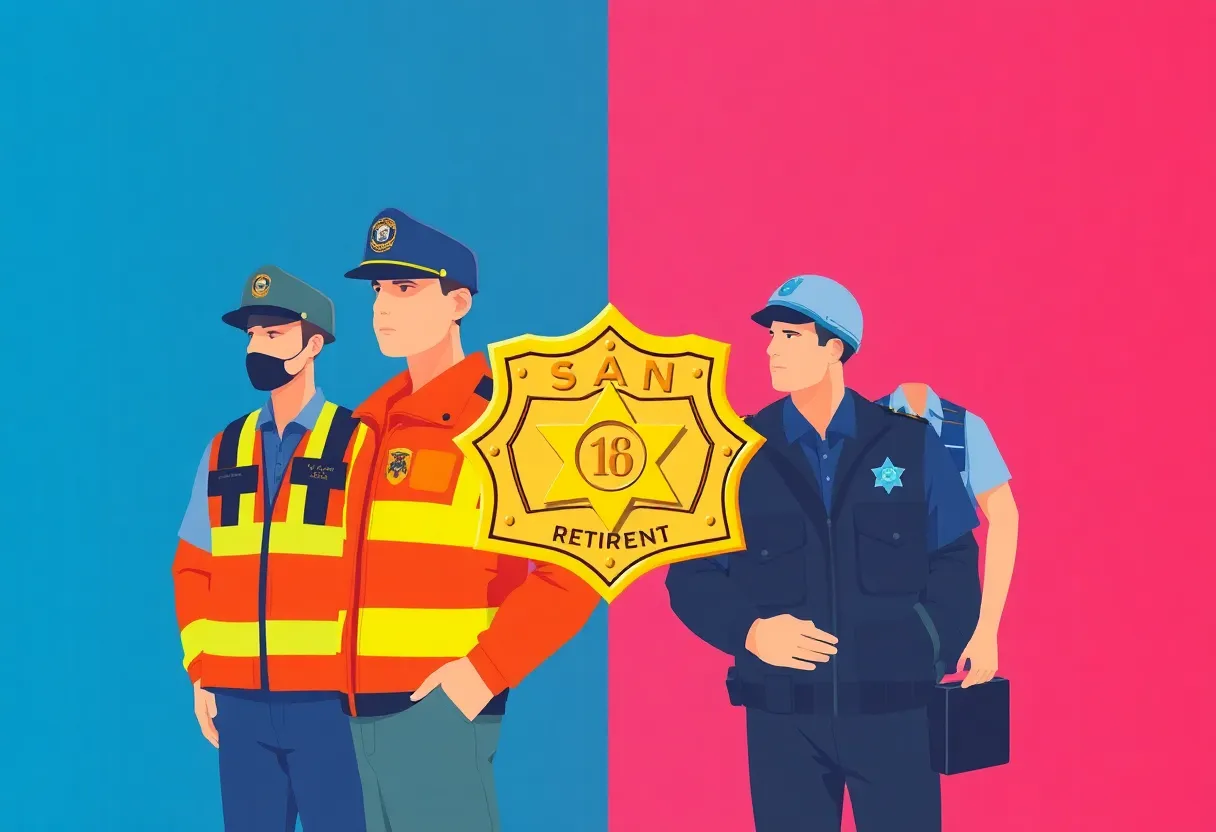 Illustration of public safety personnel balancing work and retirement in San Diego.