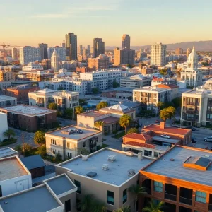 Cityscape of San Diego with modern buildings and community spaces under redevelopment
