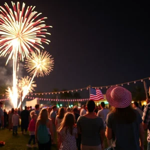 Crowd enjoying a fireworks display during Fourth of July in San Diego