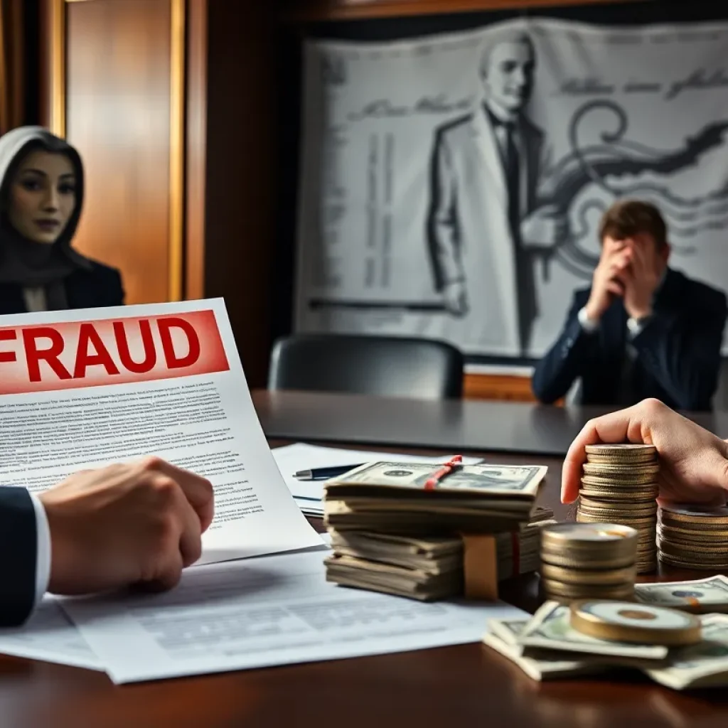 Depiction of a business fraud scenario with distressed investors and legal documents