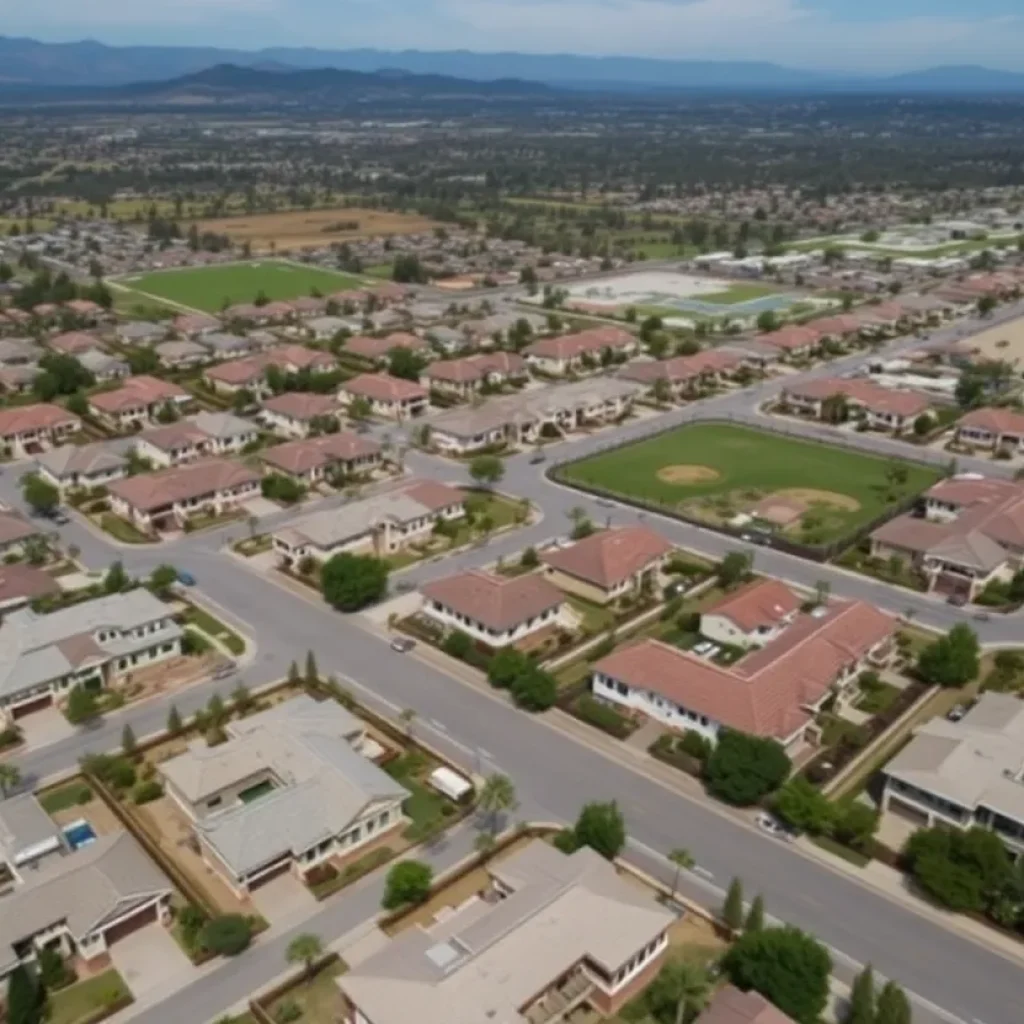 Aerial view of a housing development site in San Diego with green spaces.