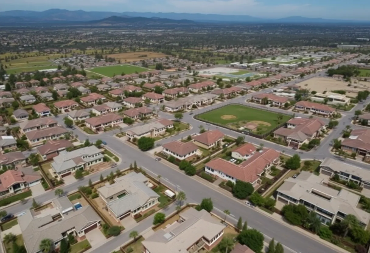 Aerial view of a housing development site in San Diego with green spaces.