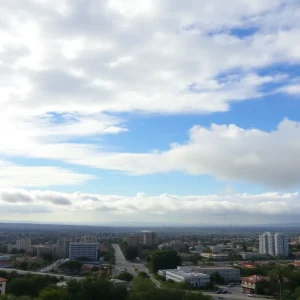 A scenic view of San Diego experiencing monsoon weather with clouds and sunshine