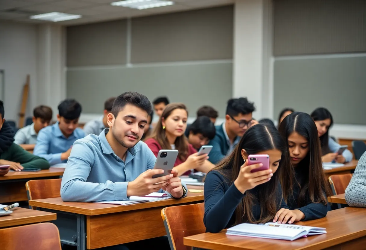 Students in a classroom focused on learning without mobile phones.