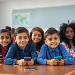 Students engaged in a classroom activity without smartphones
