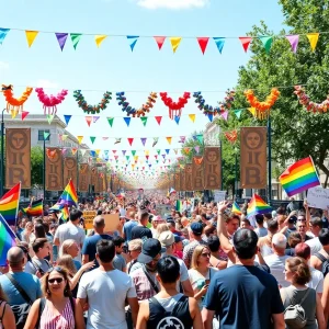 People celebrating at the San Diego Pride Festival with rainbow flags