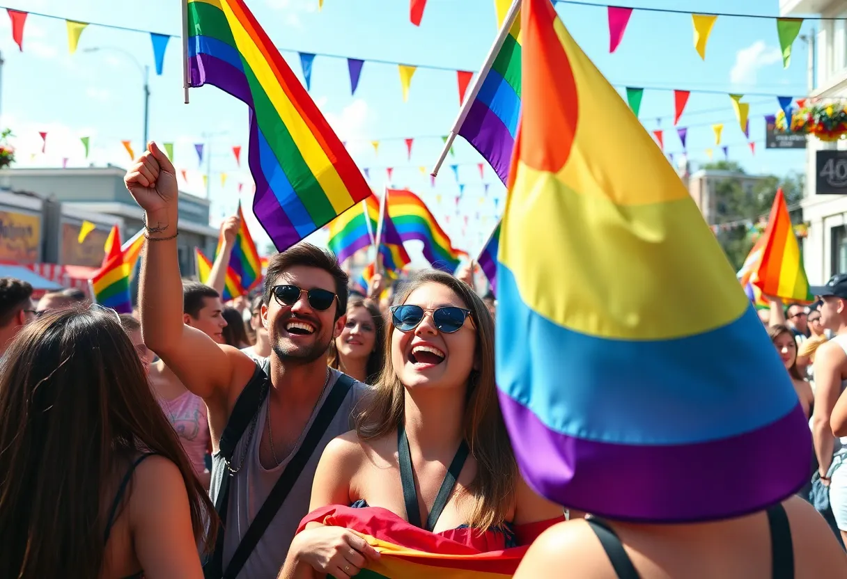 People celebrating at the San Diego Pride Festival with rainbow flags