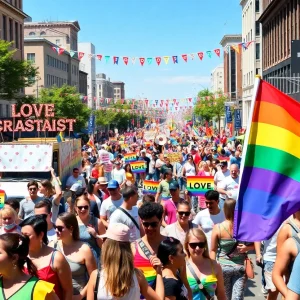 Participants at the San Diego Pride Parade showcasing colorful floats and banners.