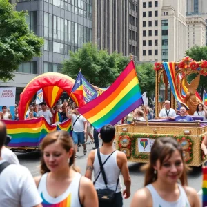 Colorful floats and crowd at San Diego Pride Parade
