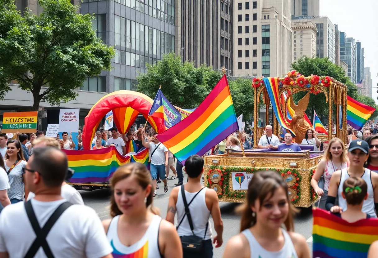 Crowd celebrating during the San Diego Pride parade with colorful decorations.