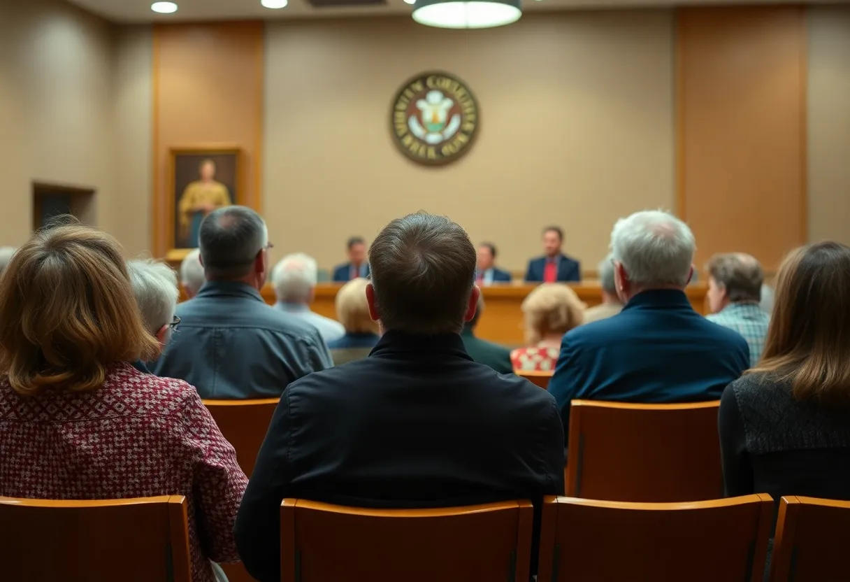 A group of diverse residents in a courtroom discussing a lawsuit against trash fees in San Diego.
