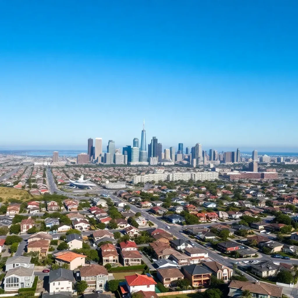 Aerial view of San Diego homes and skyline