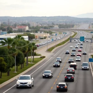 A busy road in San Diego highlighting traffic conditions.