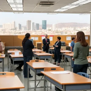 A classroom in San Diego with concerned teachers discussing future budget cuts.