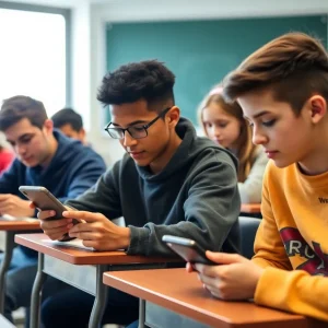 Students in a classroom engaging without cellphones