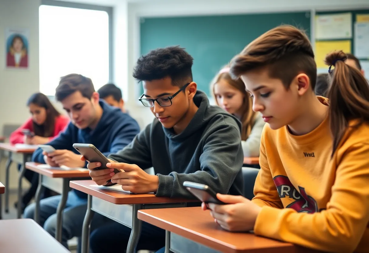 Students in a classroom engaging without cellphones