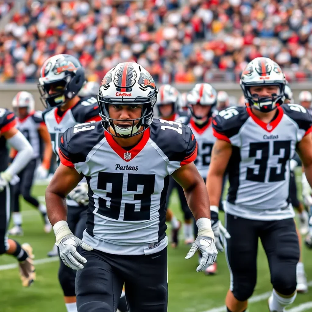 Players in new San Diego State Football uniforms on the field