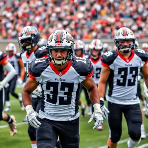 Players in new San Diego State Football uniforms on the field