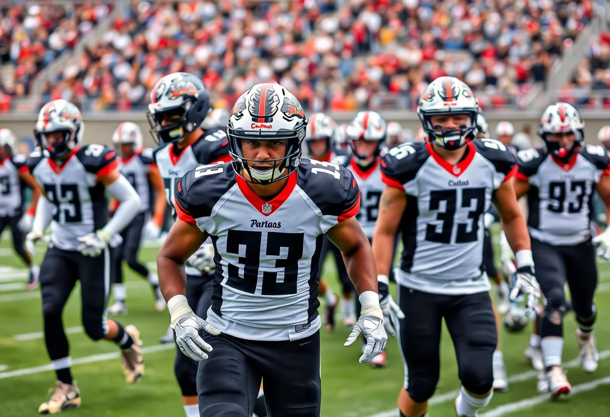 Players in new San Diego State Football uniforms on the field