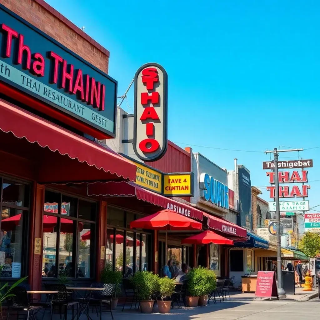A collage of Thai restaurants in San Diego showcasing outdoor dining.