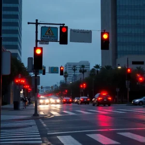 An urban street scene in San Diego highlighting traffic safety signs