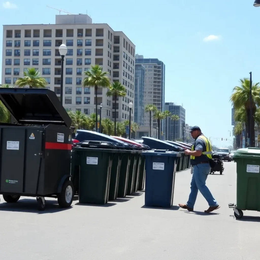 Republic Services workers collecting trash bins in San Diego