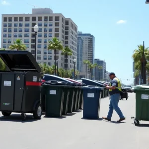 Republic Services workers collecting trash bins in San Diego