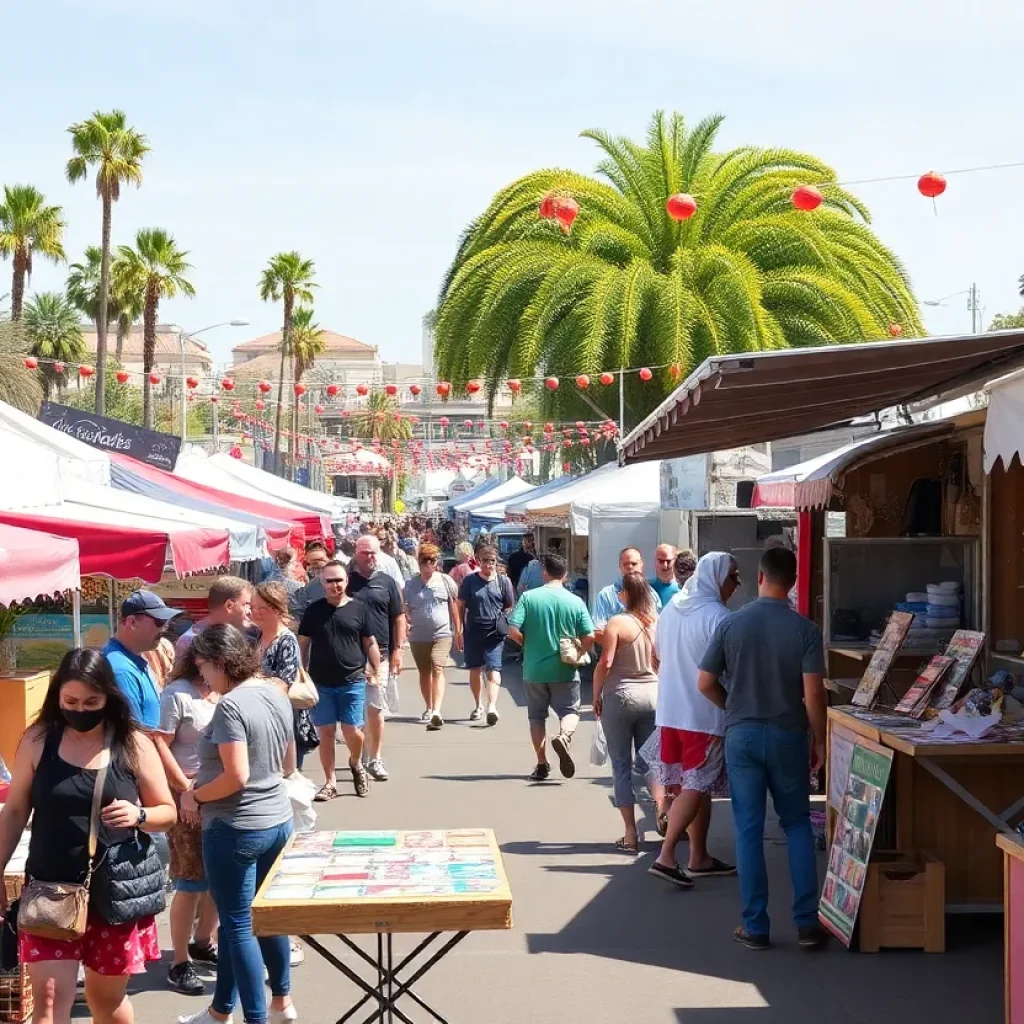 A lively view of San Diego weekend events with families and friends enjoying concerts and activities.