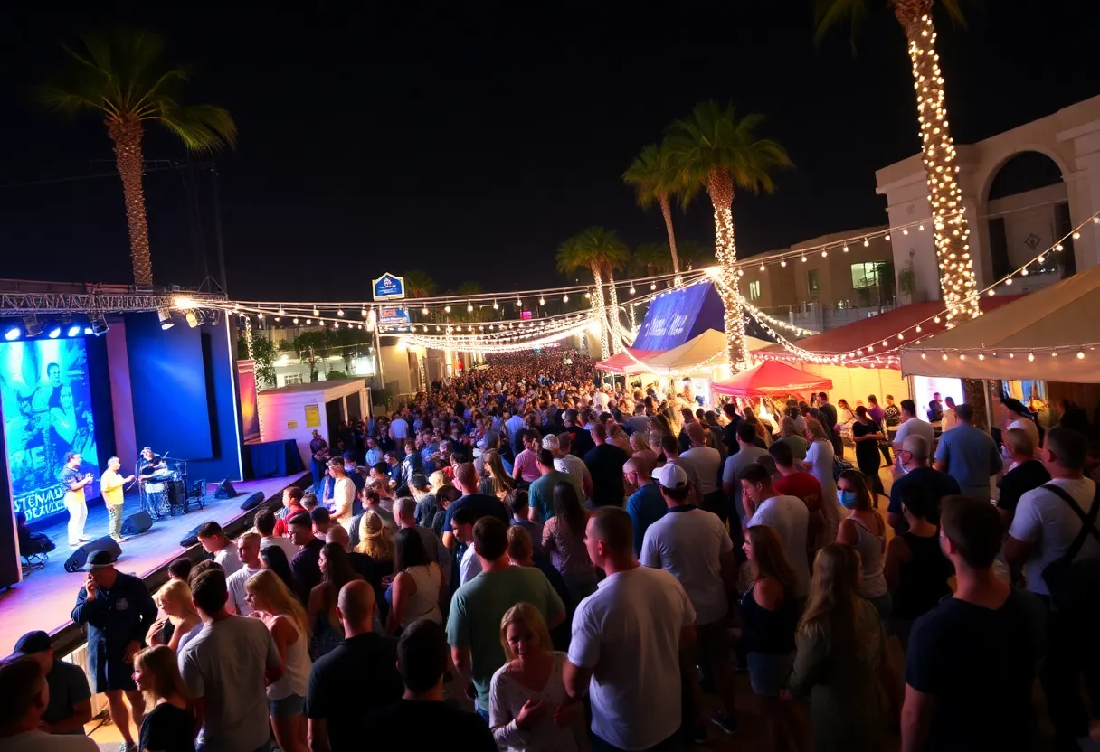 A lively view of San Diego weekend events with families and friends enjoying concerts and activities.