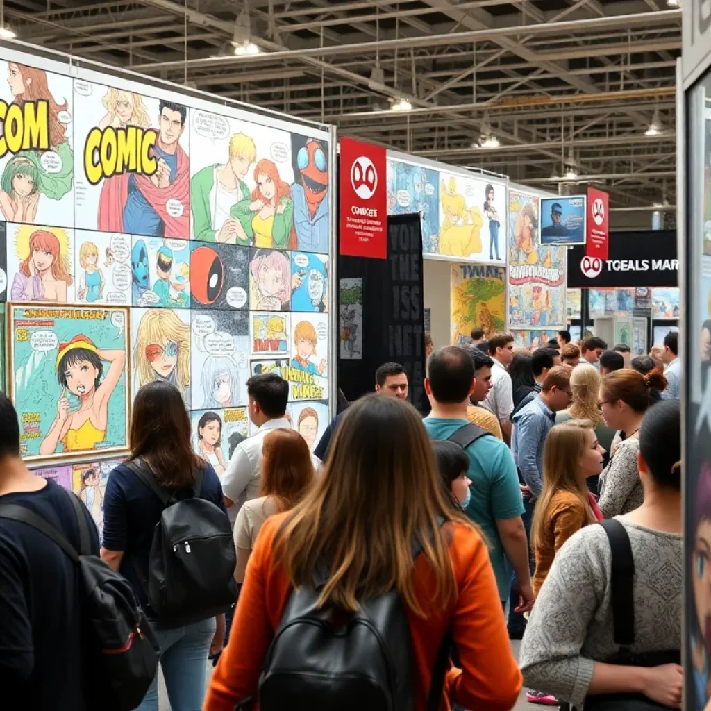 Comic art booth filled with colorful prints and characters at SDCC